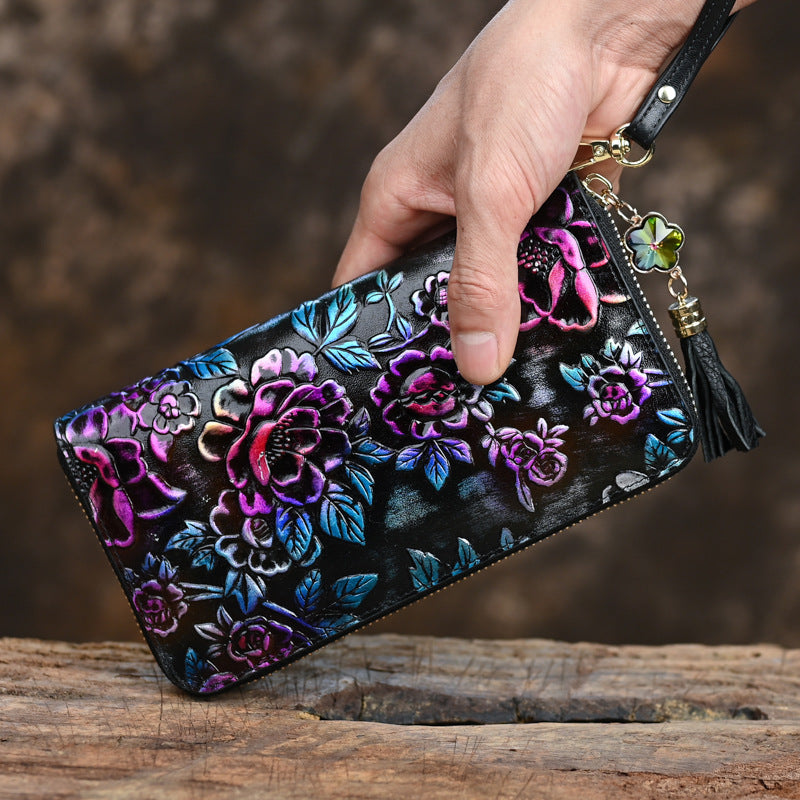 Genuine Leather Women's Wallet, Large Capacity, Multi Card, Embossed Handmade, Colorful Zipper Bag