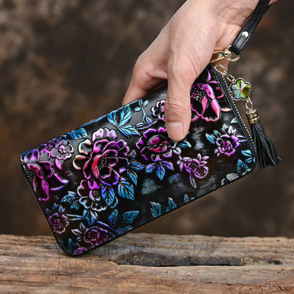 Genuine Leather Women's Wallet, Large Capacity, Multi Card, Embossed Handmade, Colorful Zipper Bag