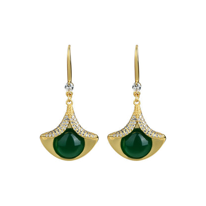 Ayeryuan Sansheng Ginkgo Leaf Green Chalcedony Hanfu Earrings for Women
