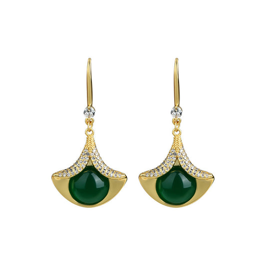Ayeryuan Sansheng Ginkgo Leaf Green Chalcedony Hanfu Earrings for Women