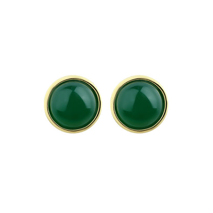 925 Silver Needle Retro Ink Emerald Round Earrings