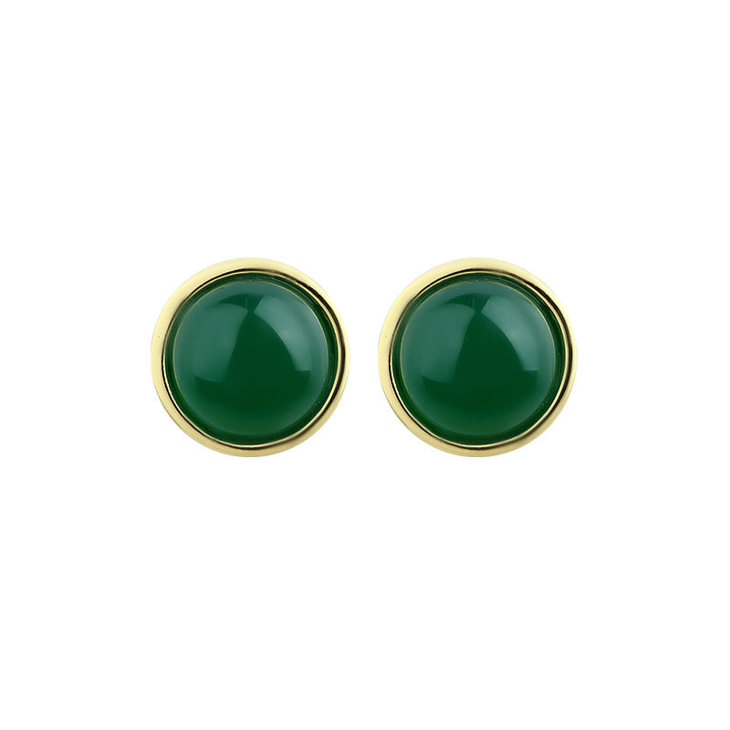925 Silver Needle Retro Ink Emerald Round Earrings