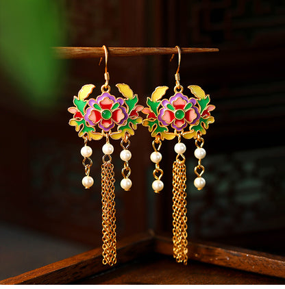 925 Silver Hand-made Enamel Blossom Tassel Pearl Earrings for Women