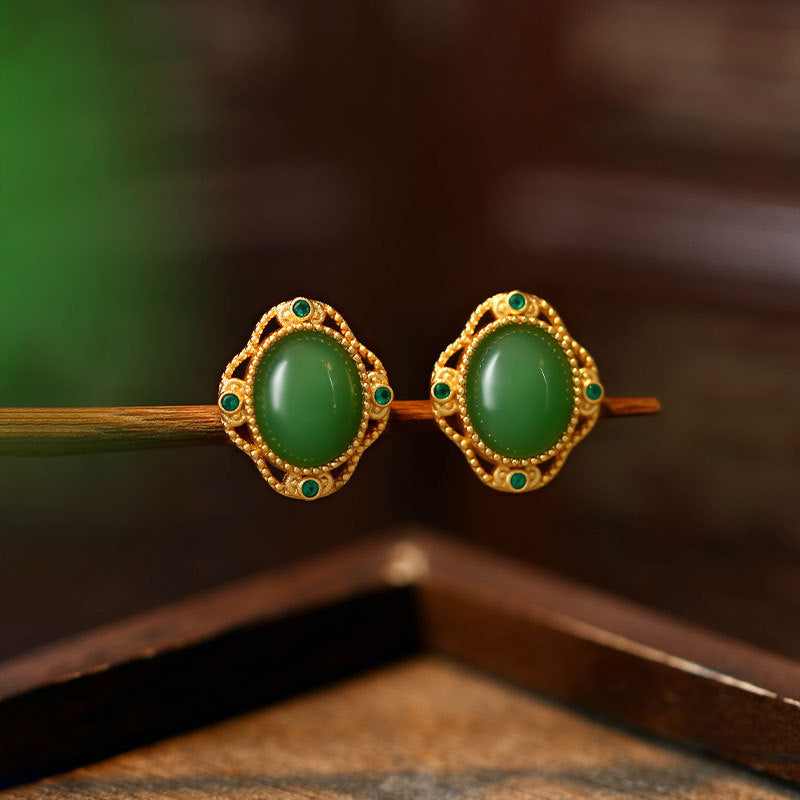 925 Silver Needle Imitation Jasper Earrings, Simple Round Retro for Women
