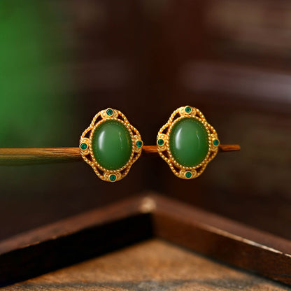 925 Silver Needle Imitation Jasper Earrings, Simple Round Retro for Women