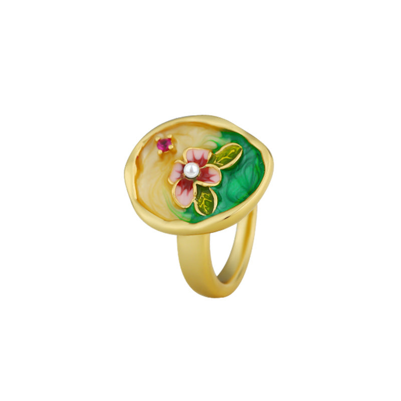 Retro Gold-plated Enamel Flower Ring with Elegant Temperament
