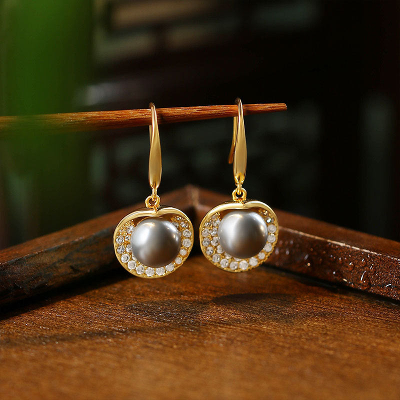 French Court Style Pearl Earrings with Full Zirconium Diamond