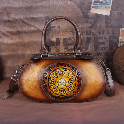 Vintage Genuine Leather Women's Crossbody Bag with Embossed Tree Design and Hand - Brushed Finish