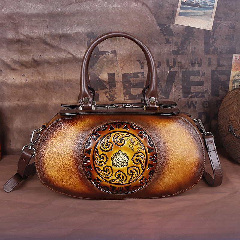Vintage Genuine Leather Women's Crossbody Bag with Embossed Tree Design and Hand - Brushed Finish