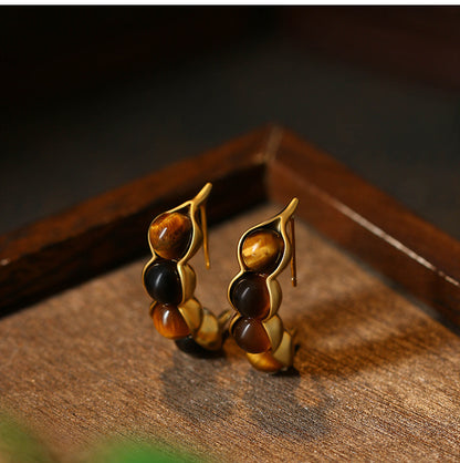 925 Silver Needle Natural Tiger's Eye Vintage Pea Earrings for Women