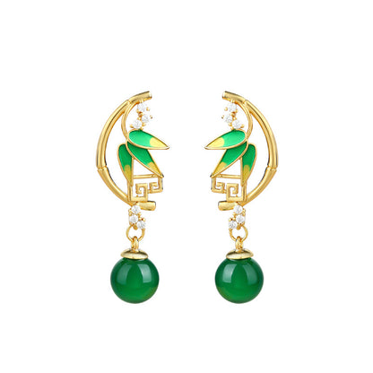 Green Bamboo Leaf Chalcedony Earrings - Niche Design, All-match
