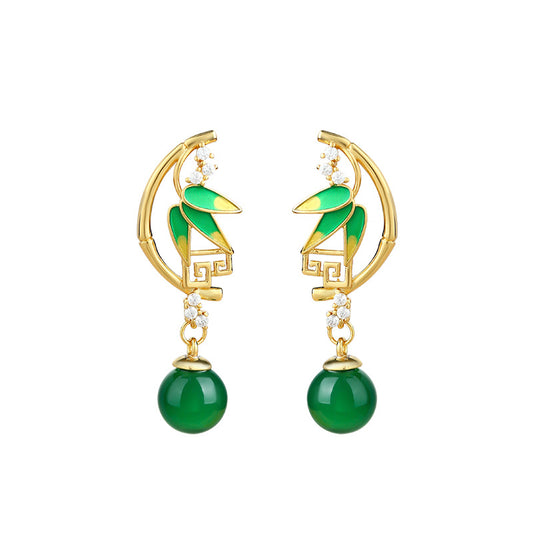 Green Bamboo Leaf Chalcedony Earrings - Niche Design, All-match