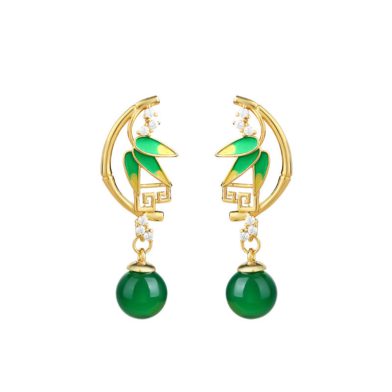 Green Bamboo Leaf Chalcedony Earrings - Niche Design, All-match