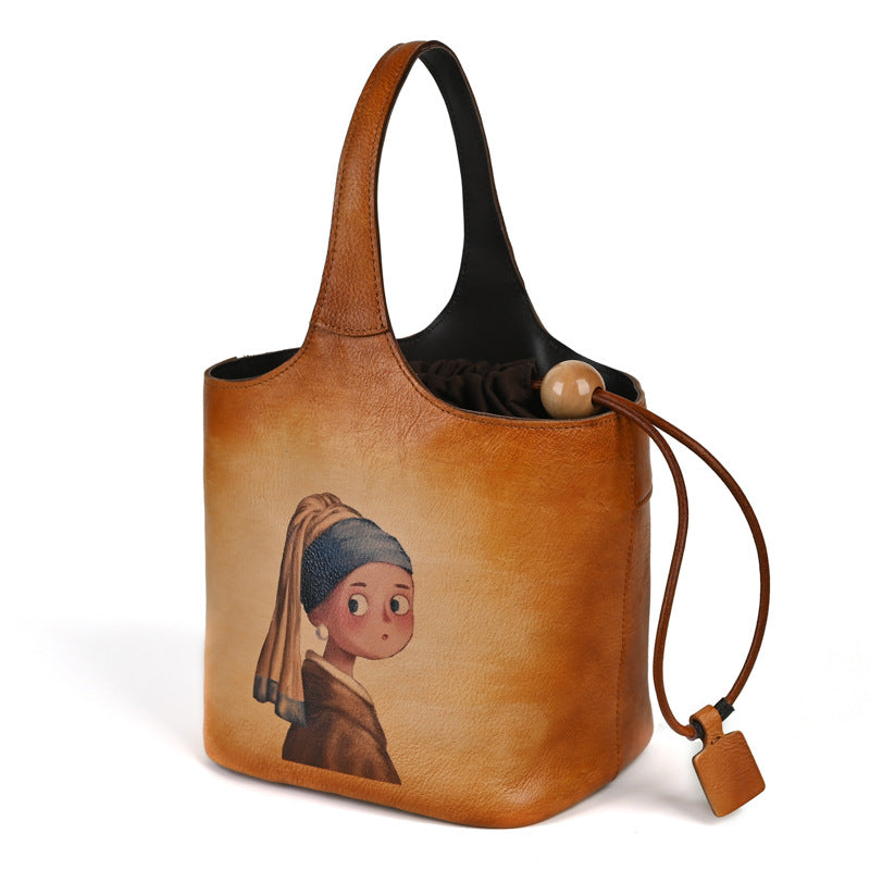 First layer cowhide lazy style printed blue bucket bag