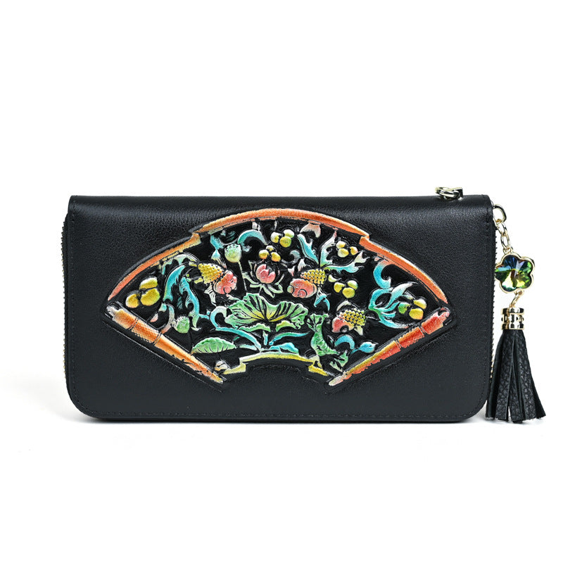 Vintage Cowhide Long Women's Clutch Bag, Multi Card Embossed Leather Zipper Bag