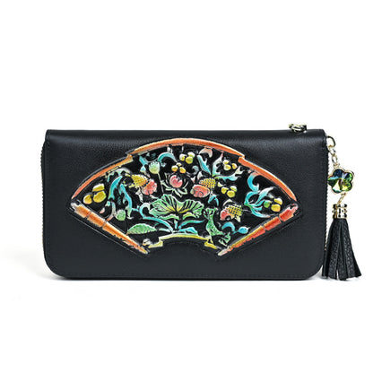 Vintage Cowhide Long Women's Clutch Bag, Multi Card Embossed Leather Zipper Bag