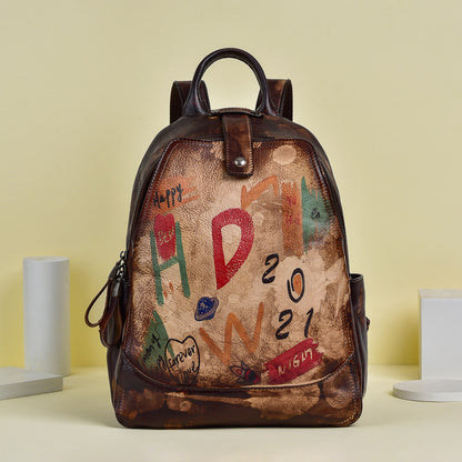 Retro Cowhide Women's Large Capacity Backpack, Graffiti Fashion All-match