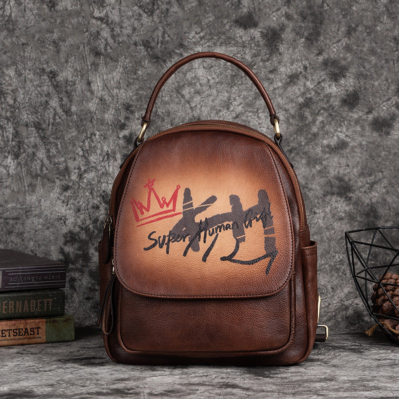 Women's First Layer Cowhide Artistic Retro Brushed Multi-purpose Backpack