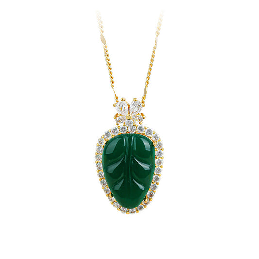 Plating Gold Inlaid Ice Chalcedony Golden Branches Jade Leaf Imitation Jade Pendant Necklace for Men and Women