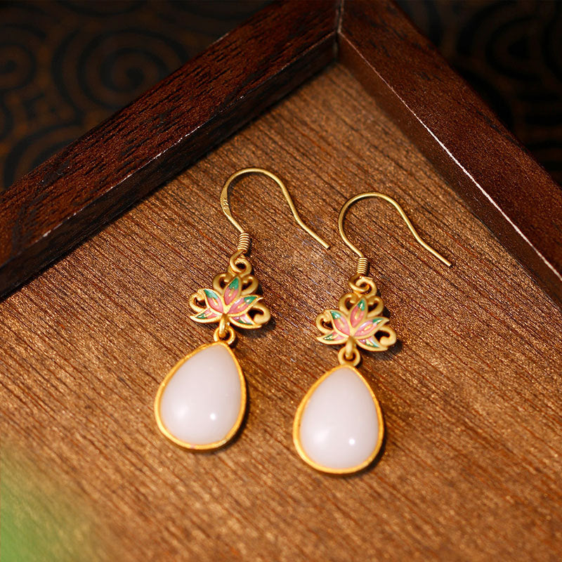 925 Silver Needle Lotus Earrings, Enamel Vintage Design for Women
