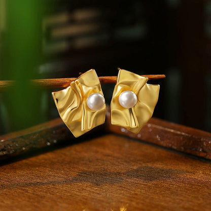 Irregular Exaggerated Shi Jia Pearl Golden Earrings for Women