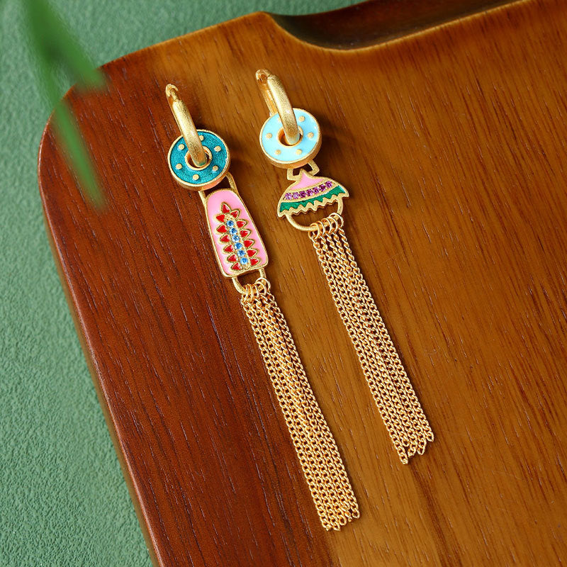 Asymmetric Color Tassel Enamel Earrings