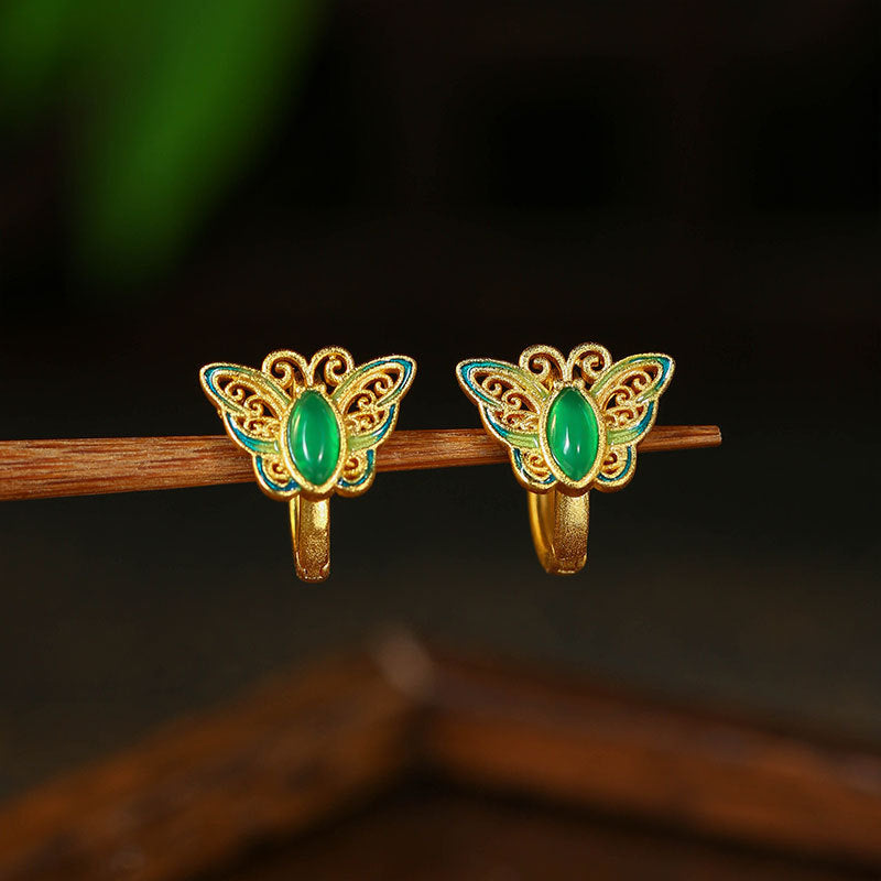 Ear Buckle Enamel Cloisonne Butterfly Earrings, Court Style Retro Ear Hook for Women