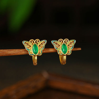 Ear Buckle Enamel Cloisonne Butterfly Earrings, Court Style Retro Ear Hook for Women