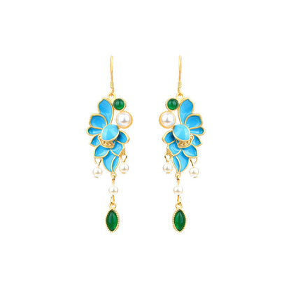 Eyre Edge Enamel Filiglar Dot Green Earrings with Imitation Pearl for Ancient Dress