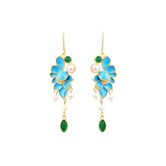 Eyre Edge Enamel Filiglar Dot Green Earrings with Imitation Pearl for Ancient Dress