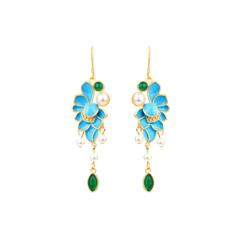 Eyre Edge Enamel Filiglar Dot Green Earrings with Imitation Pearl for Ancient Dress
