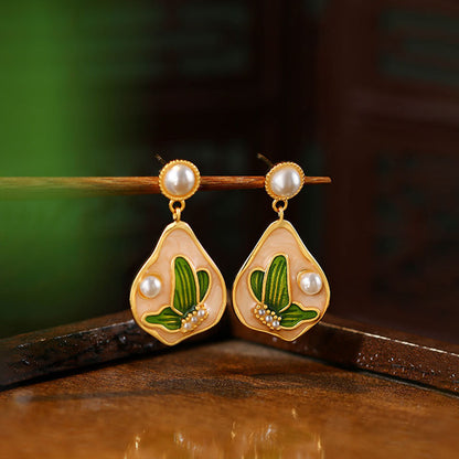 Enamel Monet Garden Oil Painting Imitation Pearl Earrings