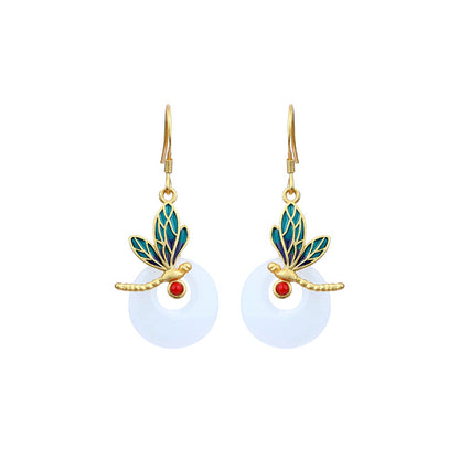 True Gold Color Gold-plated Imitation Hetian Jade Safety Buckle Enamel Dragonfly Round Earrings