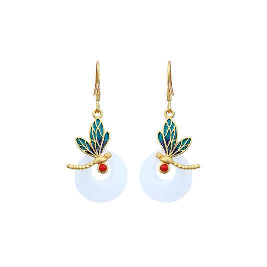 True Gold Color Gold-plated Imitation Hetian Jade Safety Buckle Enamel Dragonfly Round Earrings