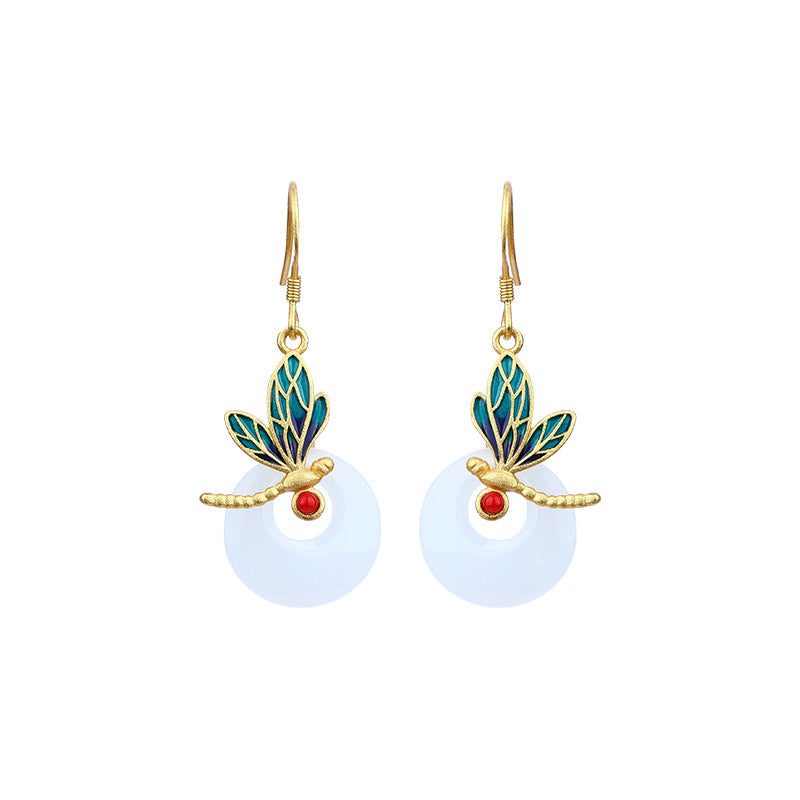 True Gold Color Gold-plated Imitation Hetian Jade Safety Buckle Enamel Dragonfly Round Earrings