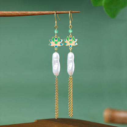 Lucky Lotus Baroque Pearl S925 Silver Needle Tassel Earrings