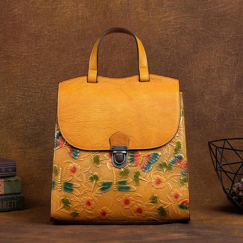 Genuine Vegetable Tanned Leather Embossed Women's Backpack