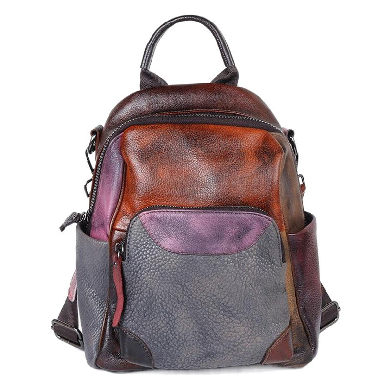 Cowhide Color Blocking Handmade Outdoor Genuine Leather Backpack
