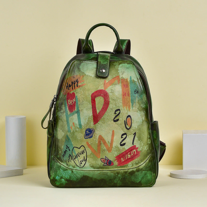 Retro Cowhide Women's Large Capacity Backpack, Graffiti Fashion All-match