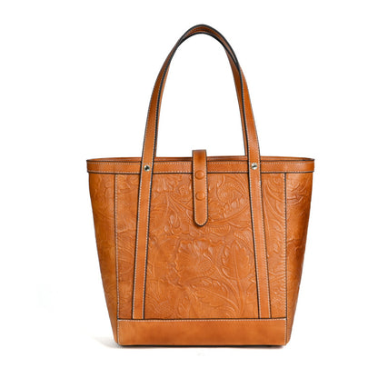 Vintage Cowhide Tote Bag, Large Capacity, Vegetable Tanned Leather, Embossed, Hand-polished