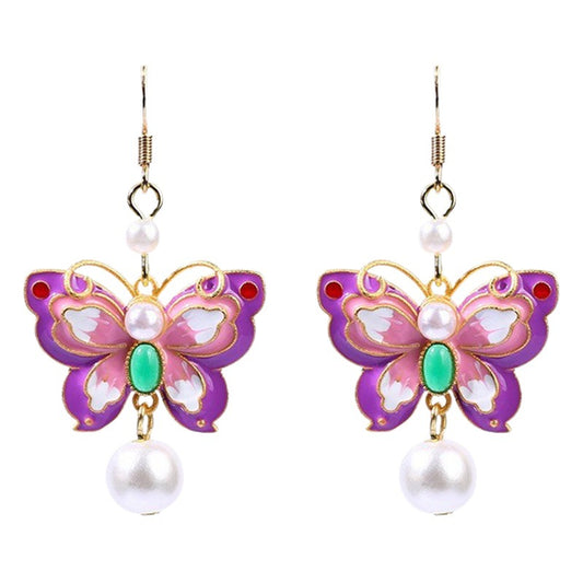 Enamel Gradient Butterfly 925 Silver Needle Pearl Earrings, Ancient Style Design