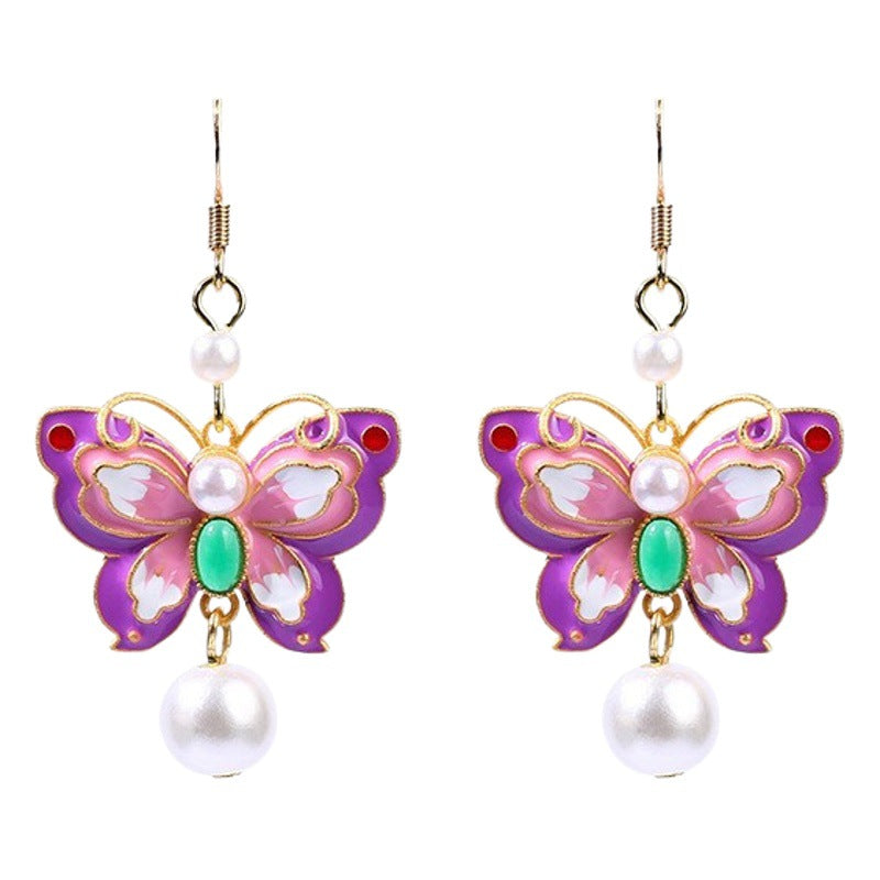 Enamel Gradient Butterfly 925 Silver Needle Pearl Earrings, Ancient Style Design