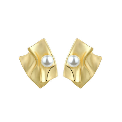 Irregular Exaggerated Shi Jia Pearl Golden Earrings for Women