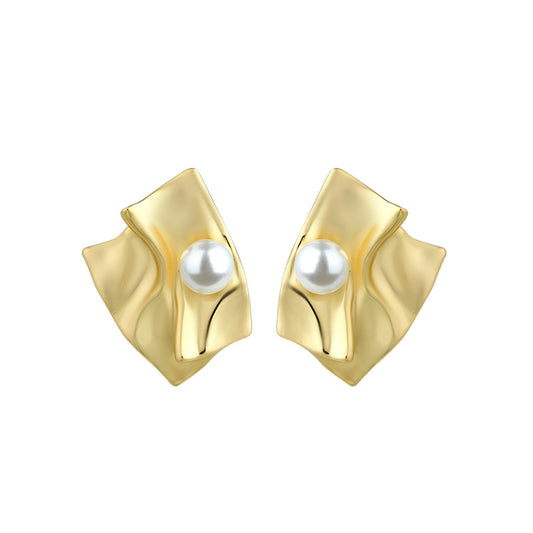 Irregular Exaggerated Shi Jia Pearl Golden Earrings for Women
