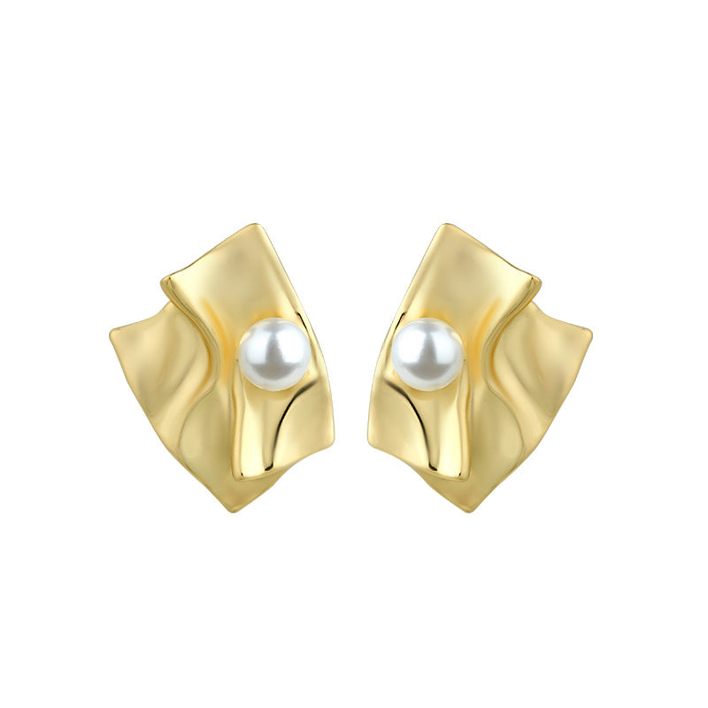 Irregular Exaggerated Shi Jia Pearl Golden Earrings for Women