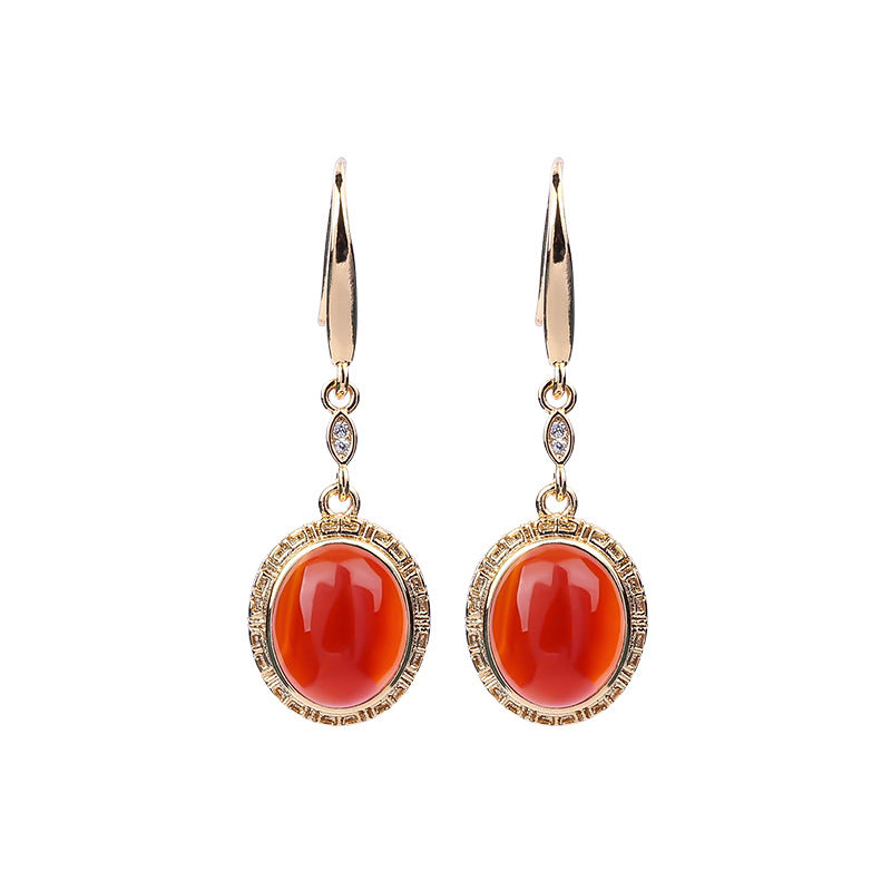 Real Gold Plating Natural Chalcedony Inlaid Niche Design Antique Earrings