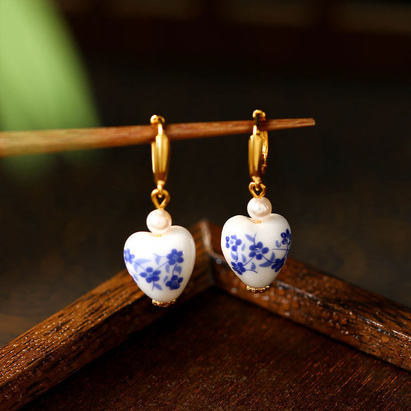 Blue and White Porcelain Pearl Earrings for Women