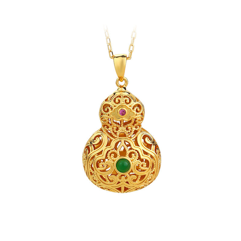 Gold Plated Jasper Hollow Gourd Fulu Sachet Necklace with Retro Xiangyun Ruyi Design