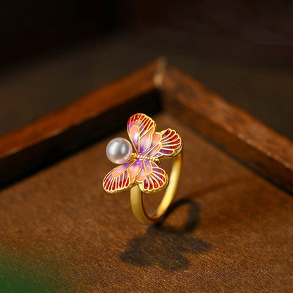 Enamel oil drop pink butterfly shape pearl earrings ring necklace suit for women