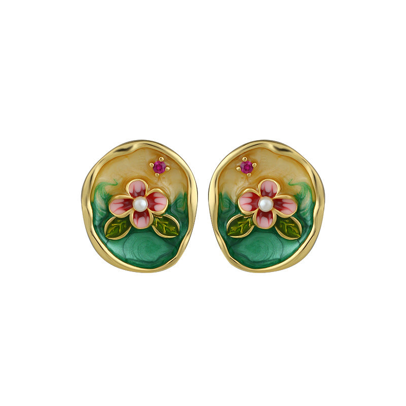 Monet Garden French Retro Silver Needle Flower Ear Studs
